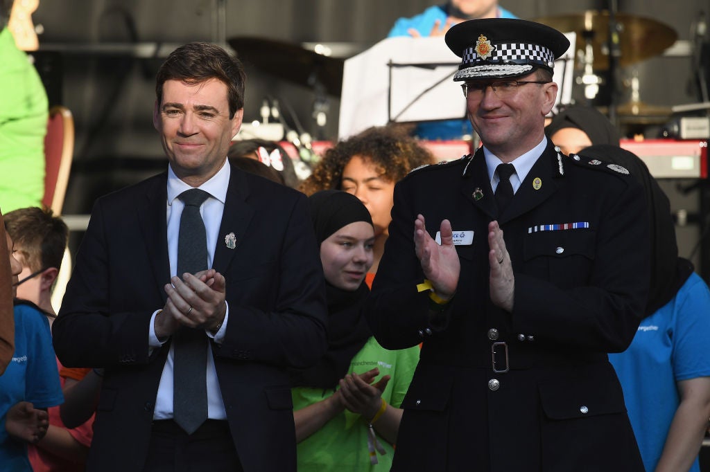 Greater Manchester mayor Andy Burnham and Chief Constable of Greater Manchester Police Ian Hopkins pictured in 2018