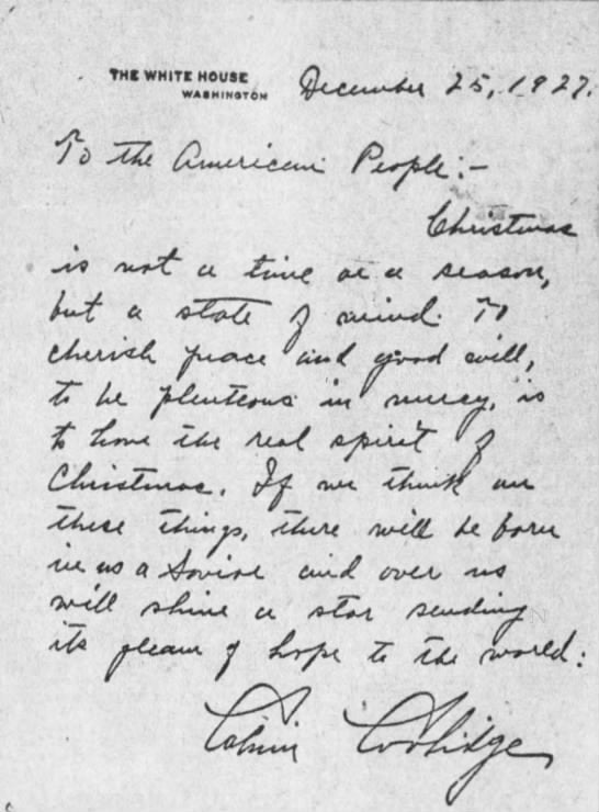 The 1927 Christmas greeting from Calvin Coolidge.