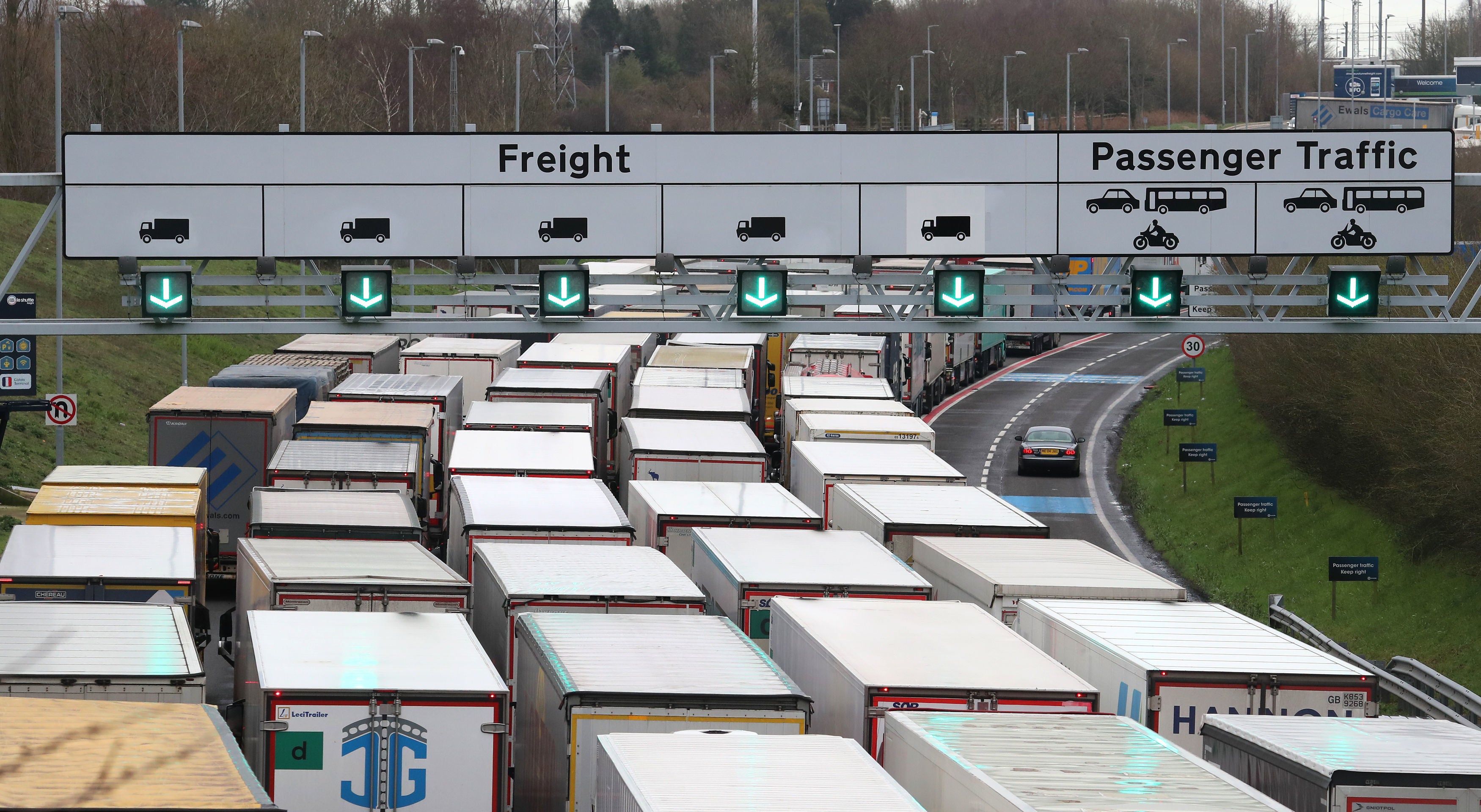 Lorries queue to enter the Eurotunnel site in Folkestone, Kent, due to heavy freight traffic on 18 December 2020.