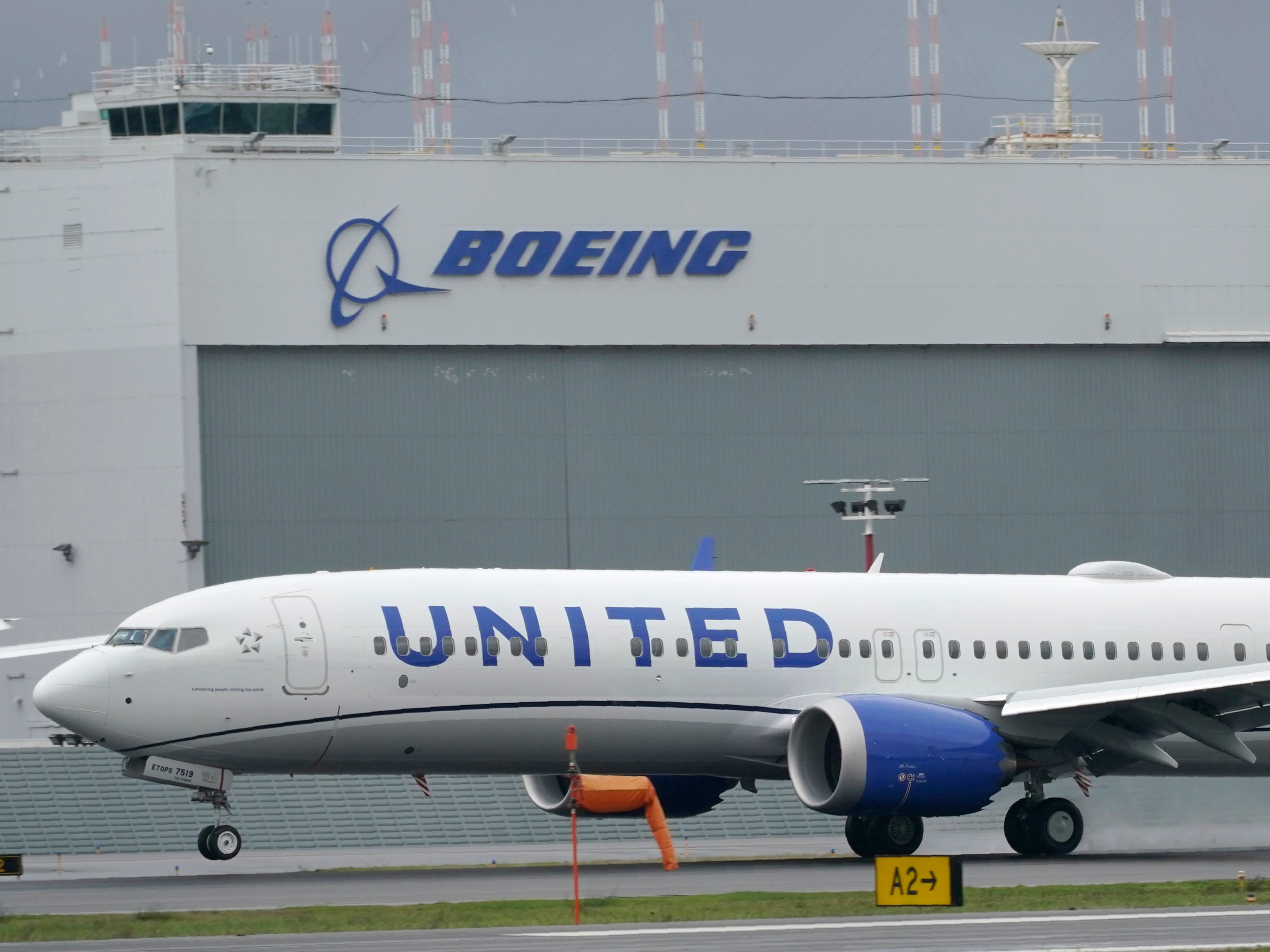 A Boeing 737 Max 9 built for United Airlines landing at King County International Airport