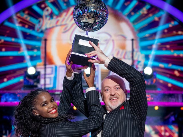 <p>‘It served as an inspiring, welcome surprise at a time of unwelcome shocks’: Oti Mabuse and Bill Bailey celebrate their ‘Strictly Come Dancing’ triumph</p>