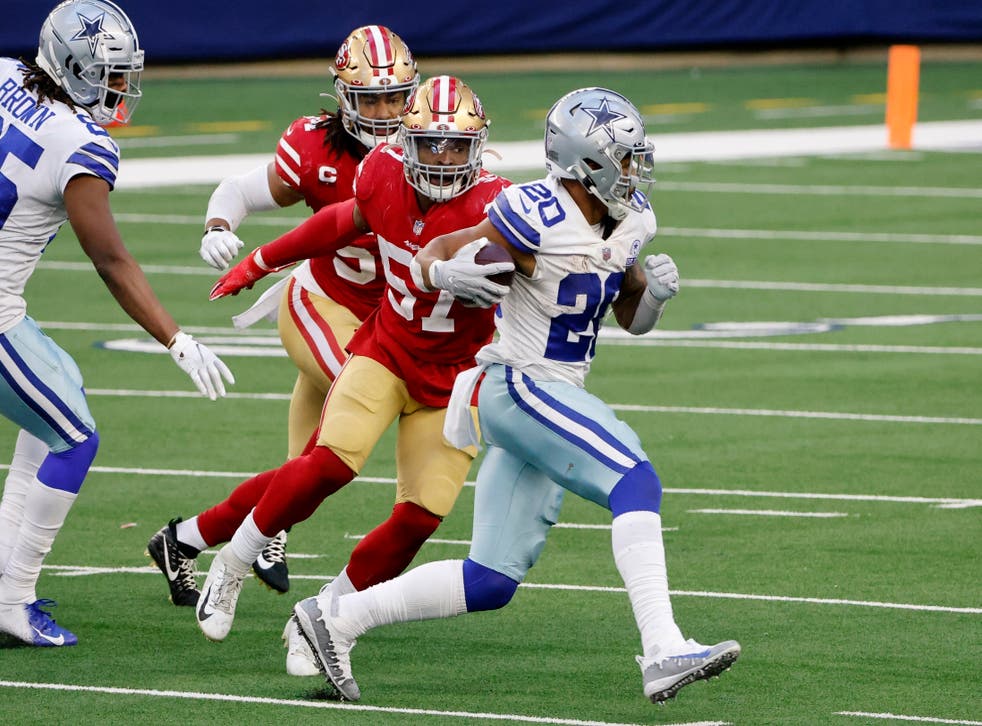 <p>Tony Pollard deja atrás al linebacker Dre Greenlaw y Fred Warner, de los 49ers de San Francisco. </p>