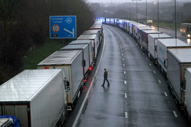 Lorries parked on the M20 in Kent on Monday