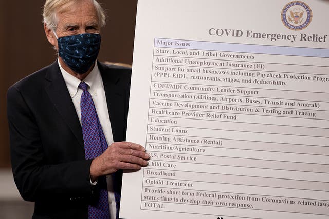 <p>&nbsp;Sen. Angus King (I-ME) sets up a sign &nbsp;alongside a bipartisan group of Democrat and Republican members of Congress as they announce a proposal for a Covid-19 relief bill on Capitol Hill on December 01, 2020 in Washington, DC.&nbsp;</p>