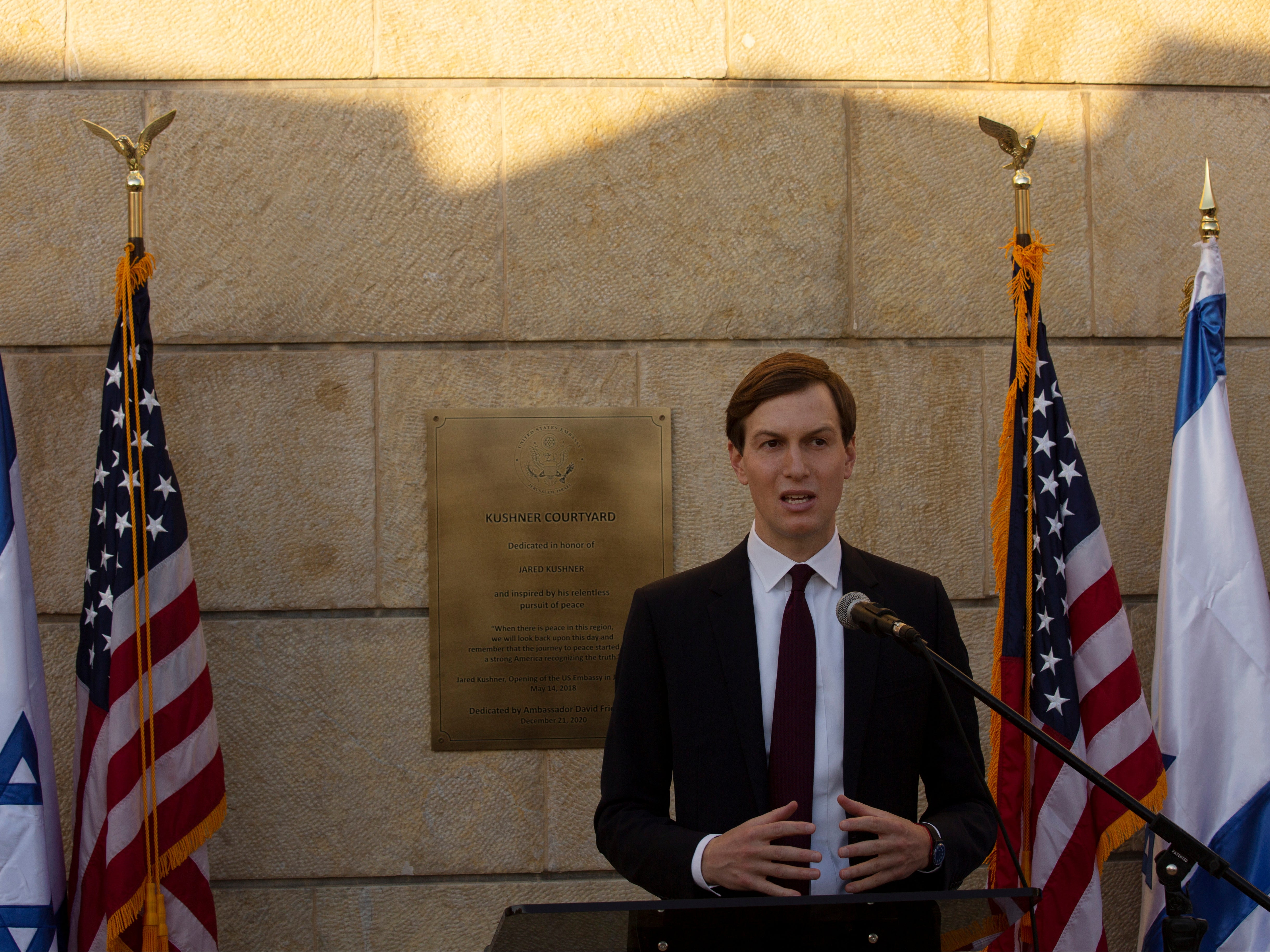 <p>Jared Kushner speaks at the US embassy after Ambassador David Friedman unveiled a plaque designating the Jared Kushner Courtyard in Jerusalem</p>