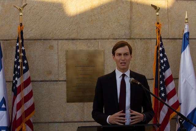 <p>Jared Kushner speaks at the US embassy after Ambassador David Friedman unveiled a plaque designating the Jared Kushner Courtyard in Jerusalem</p>