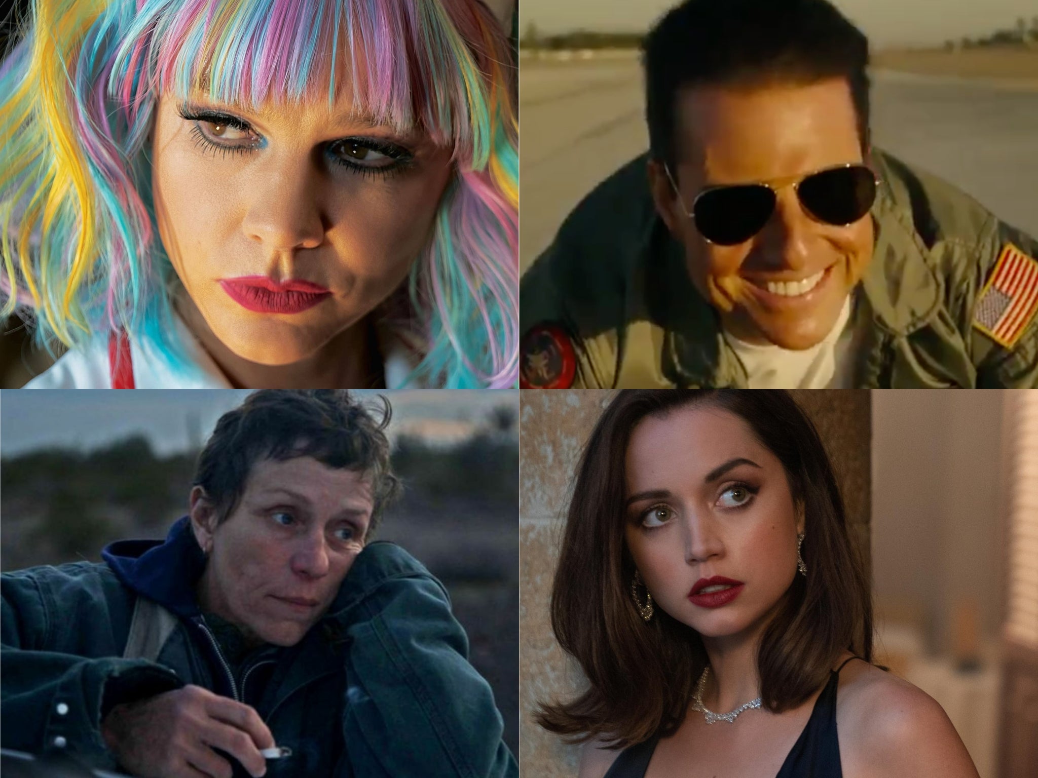 Clockwise from top left: Promising Young Woman, Top Gun: Maverick, No Time to Die and Nomadland