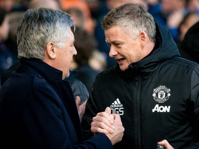 Everton manager Carlo Ancelotti and Manchester United counterpart Ole Gunnar Solskjaer