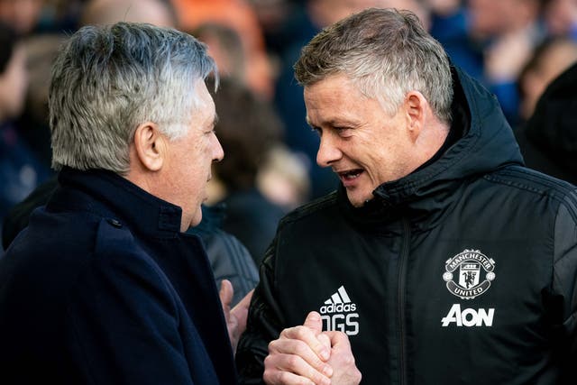 Everton manager Carlo Ancelotti and Manchester United counterpart Ole Gunnar Solskjaer