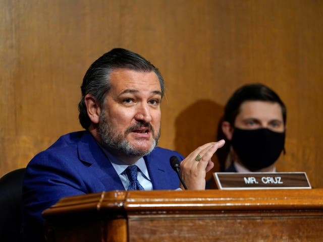 Senator Ted Cruz (R-TX) speaks during a Senate Judiciary Committee hearing on the FBI investigation into links between Donald Trump associates and Russian officials during the 2016 US presidential election, on Capitol Hill in Washington, on 10 November 2020
