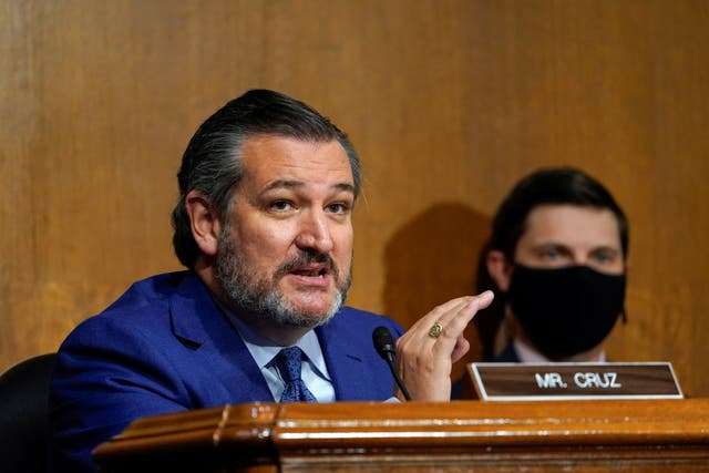 <p>Senator Ted Cruz (R-TX) speaks during a Senate Judiciary Committee hearing on the FBI investigation into links between Donald Trump associates and Russian officials during the 2016 US presidential election, on Capitol Hill in Washington, on 10 November 2020</p>
