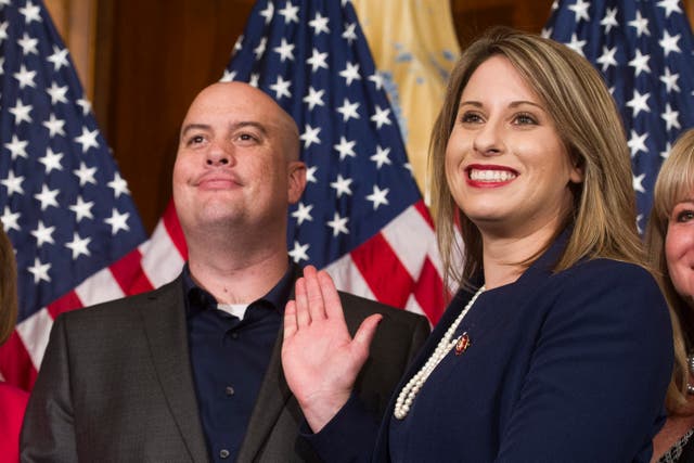 <p>Rep. Katie Hill, D-Calif., and Hill's ex-husband, Kenneth Heslep, pose during a ceremonial swearing in on Capitol Hill in Washington during the opening session of the 116th Congress. </p>