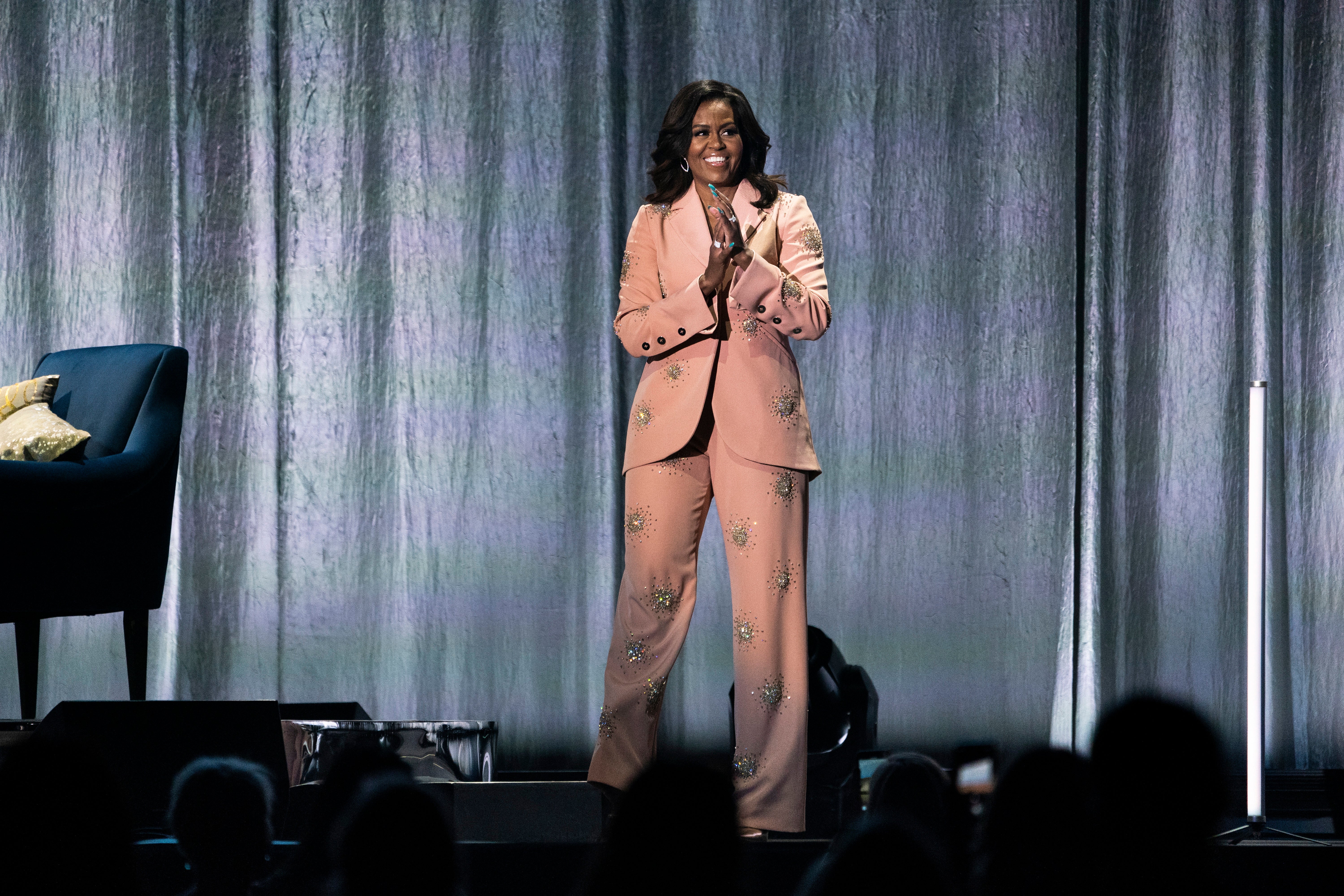 Michelle Obama visits the Royal Arena in connection with her book tour for her biography 'Becoming' in Copenhagen, Denmark, 09 April 2019. In her book, she tells about life as America's first African American first lady.