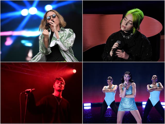 <p>Clockwise from top left: Róisín Murphy, Billie Eilish, Fontaines DC and Dua Lipa</p>