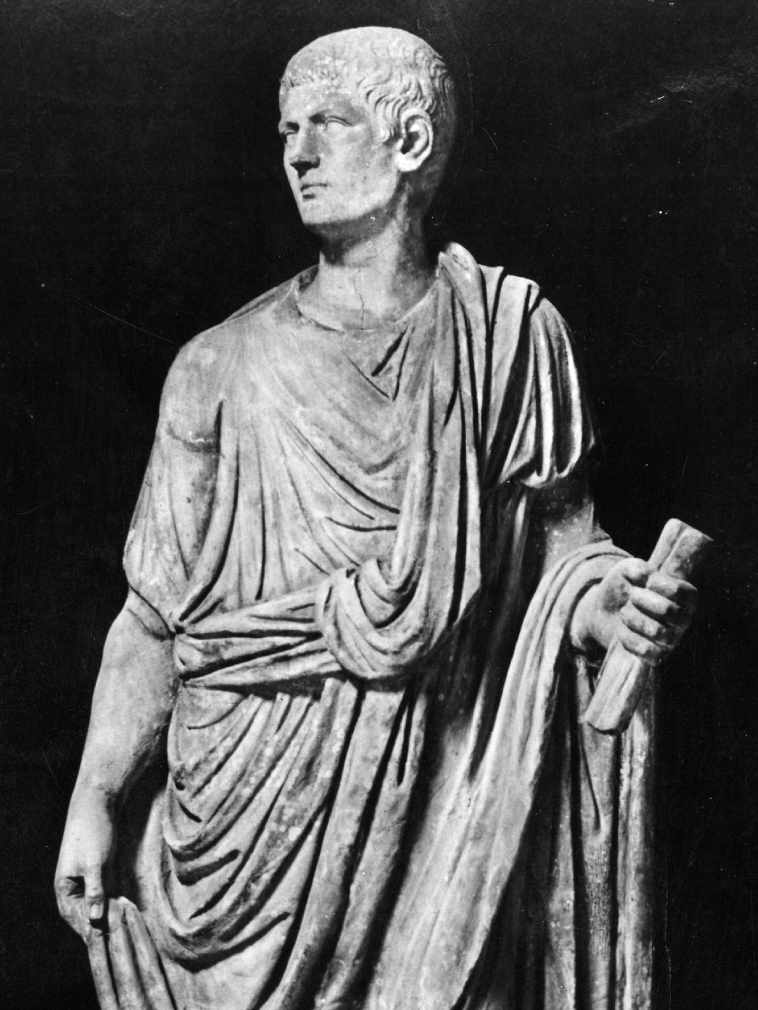 A statue of Roman Emperor Gaius Caesar Augustus Germanicus Caligula (12 - 41 AD), perhaps looking at his favourite horse