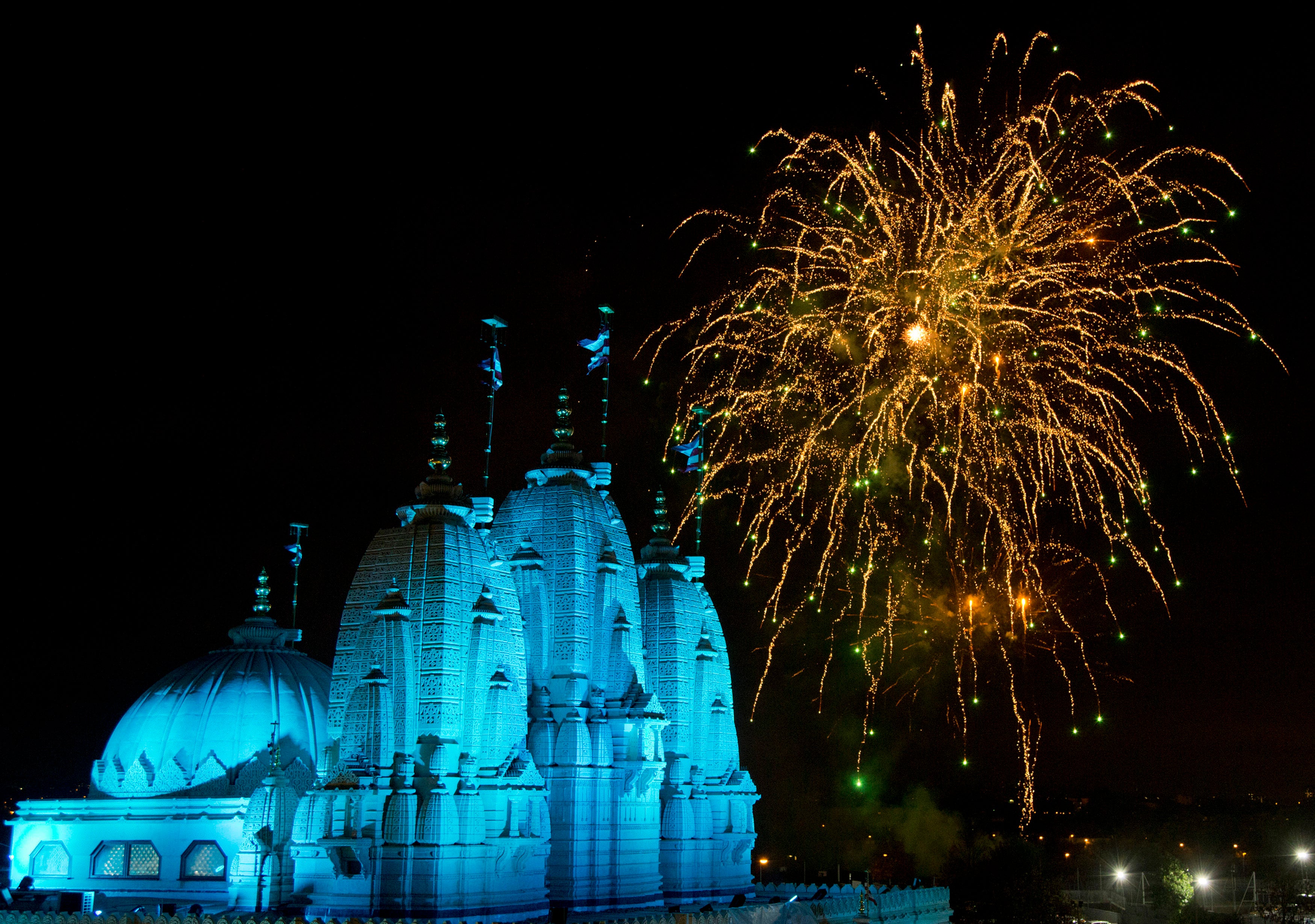 A fireworks display held near the Neasden Temple in Gibbons Park, Neasden, northwest London, to mark Diwali