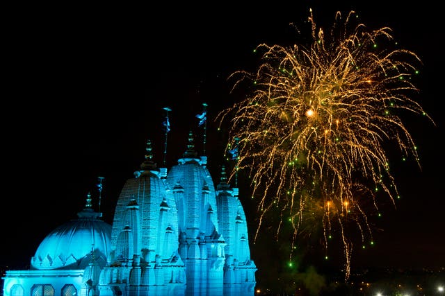 <p>A fireworks display held near the Neasden Temple in Gibbons Park, Neasden, northwest London, to mark Diwali</p>
