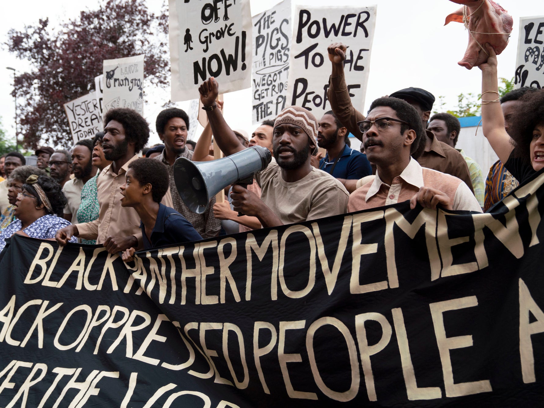 A crowd protests in ‘Mangrove’, the first film in Steve McQueen’s ‘Small Axe’ series for the BBC