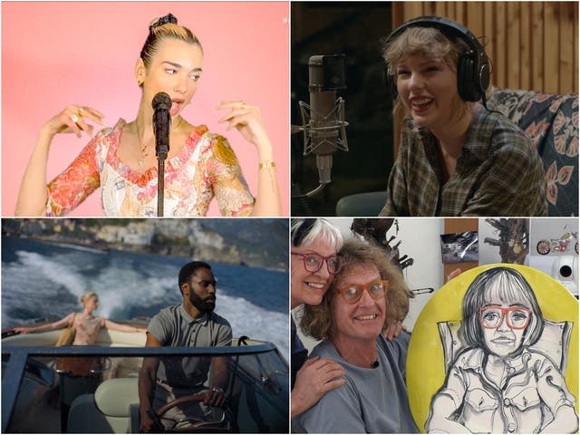 <p>Clockwise from top left: Dua Lipa, Taylor Swift, Grayson’s Art Club and Tenet</p>