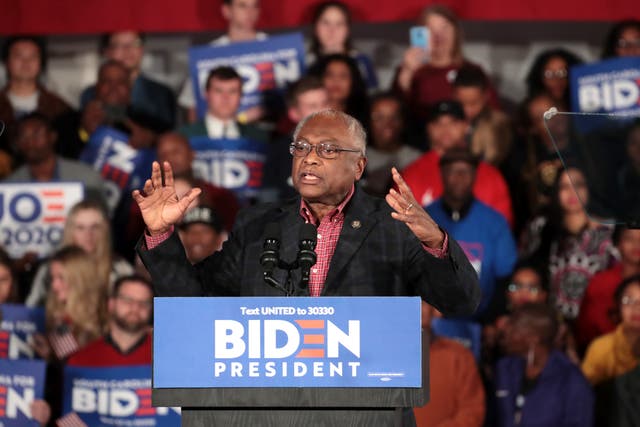 Jim Clyburn speaks at democratic presidential candidate former Vice President Joe Biden’s primary night event at the University of South Carolina on February 29, 2020 in Columbia, South Carolina