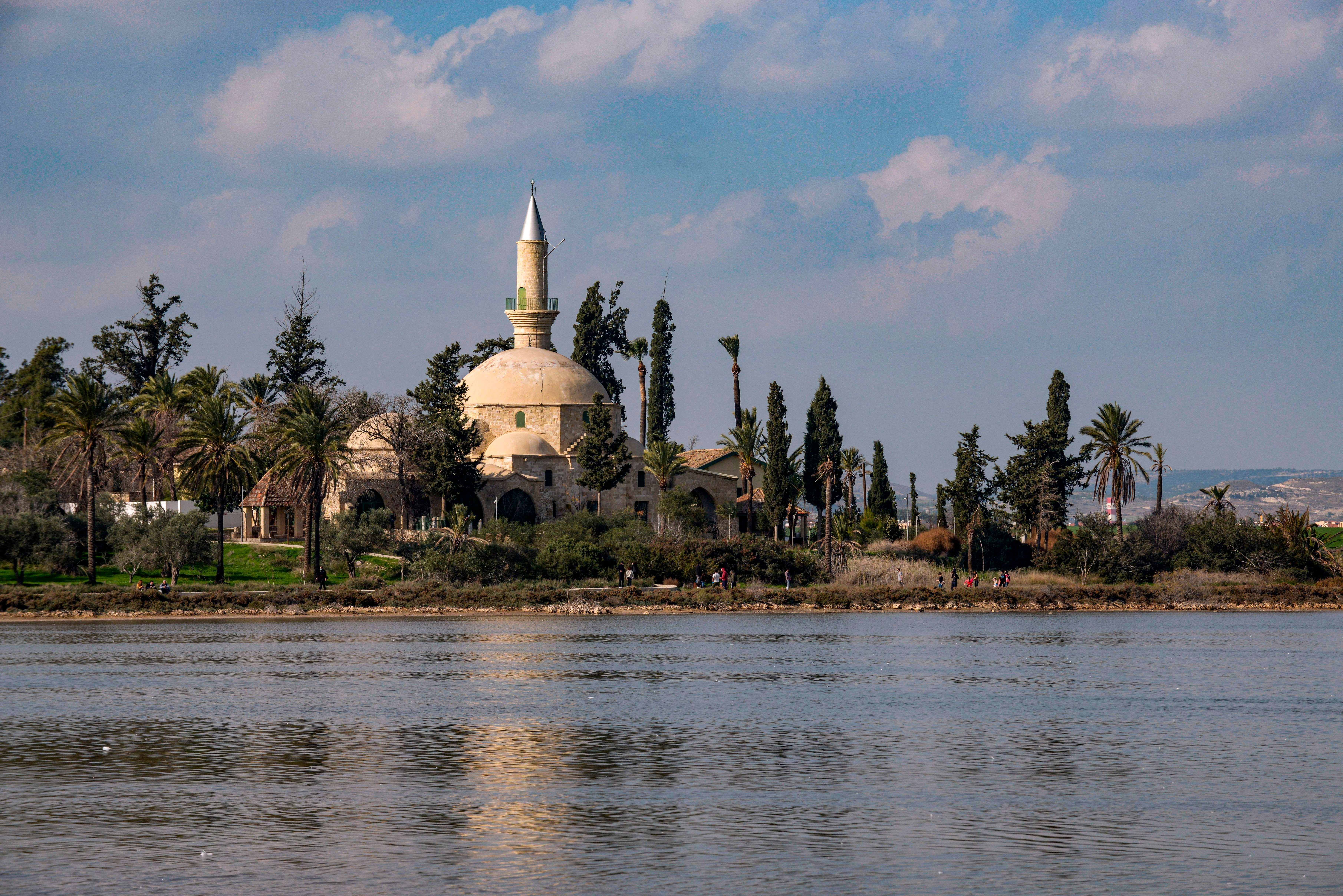 Photo taken on 20 December, 2020 shows a view of the historic 19th century Hala Sultan Tekke mosque overlooking the salt lake in Cyprus’ coastal city of Larnaca.