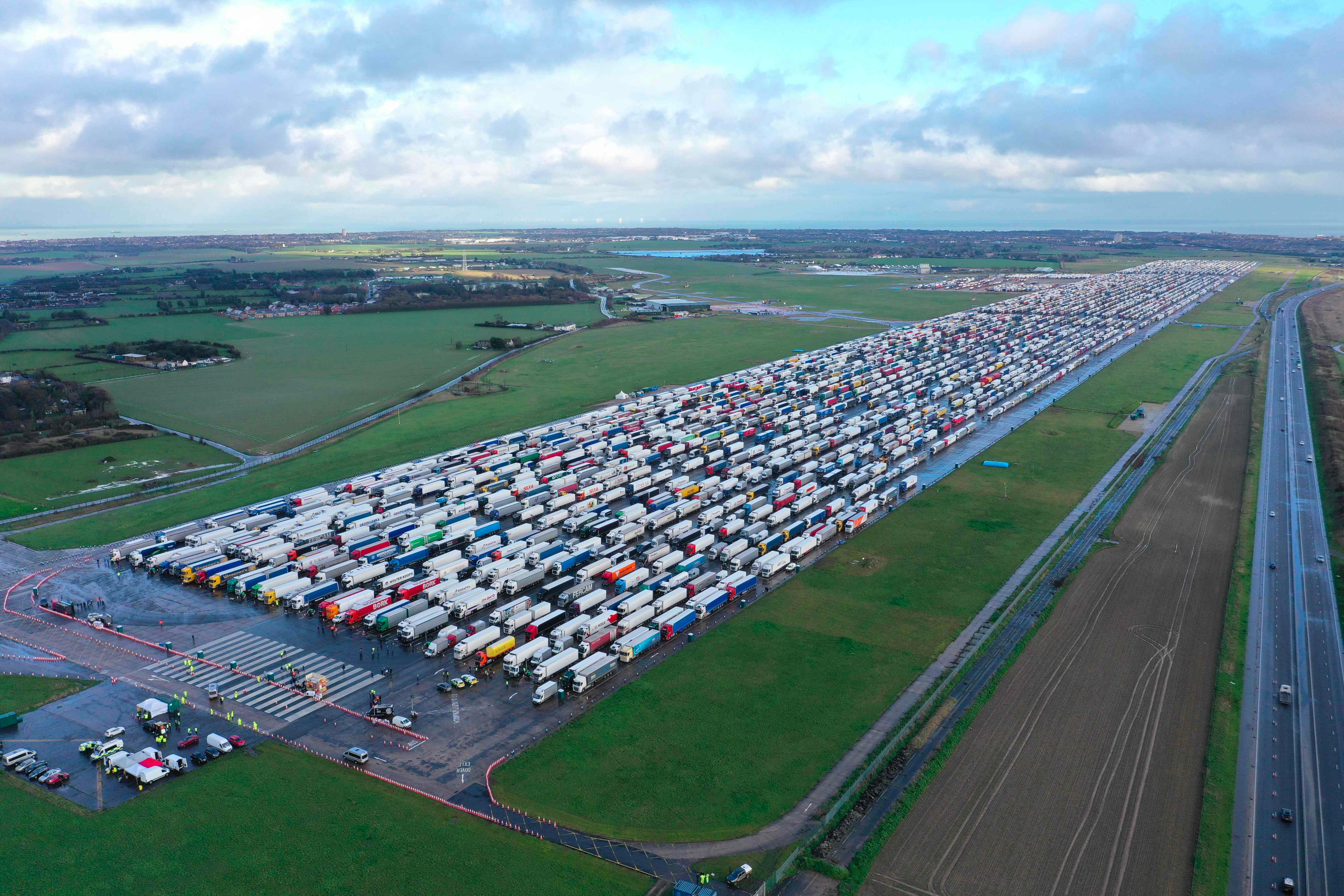 Lorries and heavy goods vehicles (HGVs) stacked at Manston Airport this week