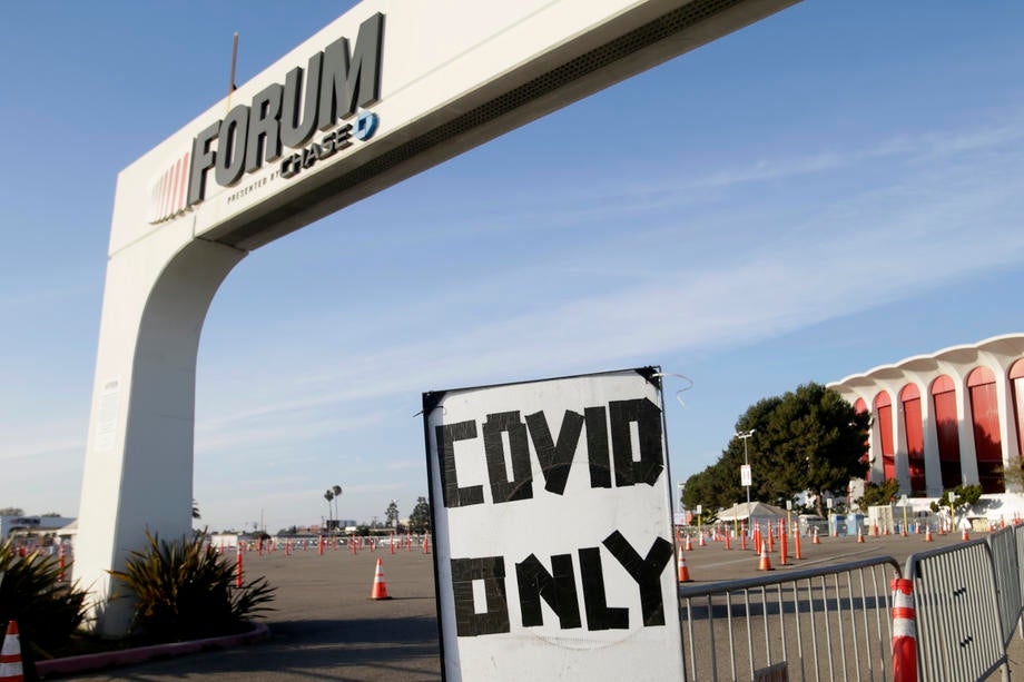 A makeshift sign at the entrance for Covid-19 testing at the Fabulous Forum arena in Inglewood, California