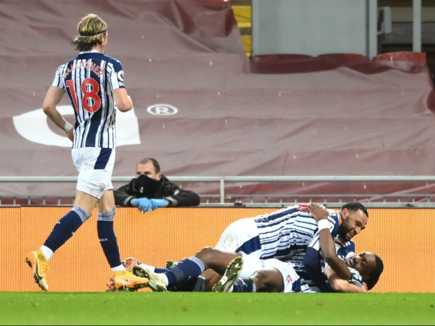 The Baggies celebrate after Ajayi equalises