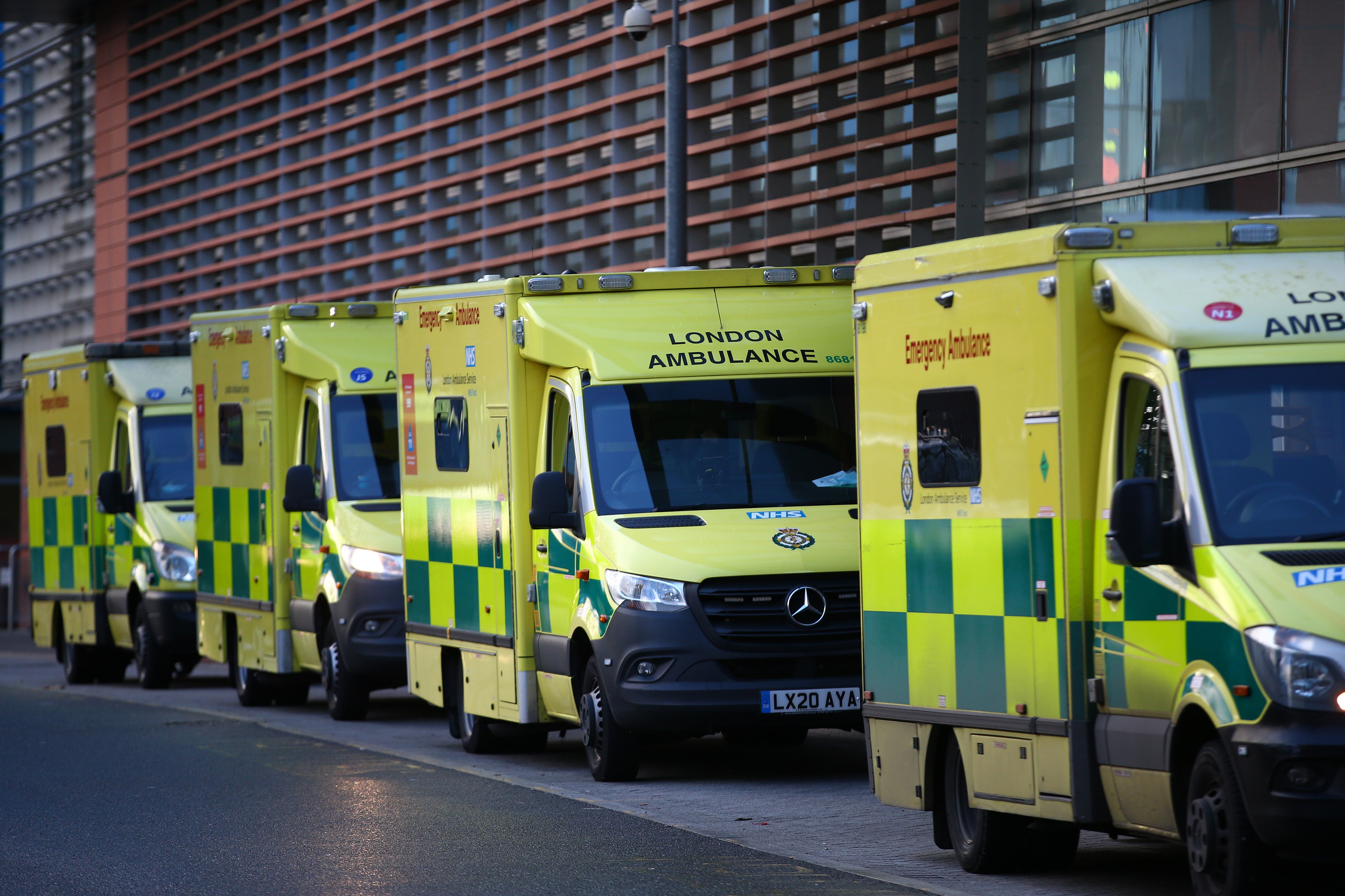 Ambulances waiting outside the Royal London Hospital in Whitechapel on Sunday, 27 December
