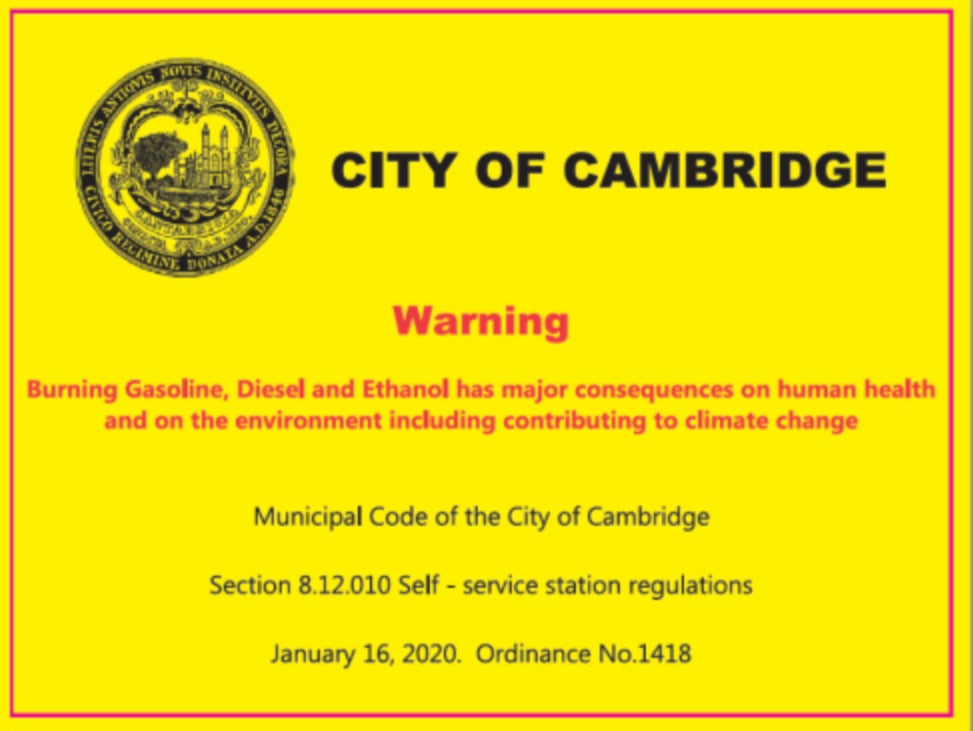 Cambridge, MA is first place in US to have climate warning labels at gas pumps - The Independent