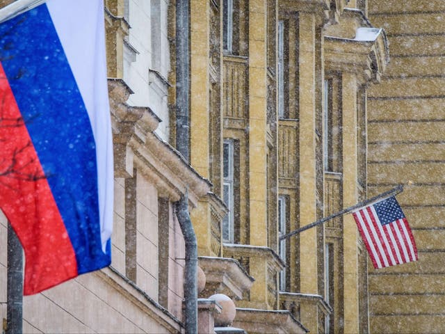 <p>A Russian flag flies next to the US embassy building in Moscow on 27 March 2018.</p><p>&nbsp;</p>