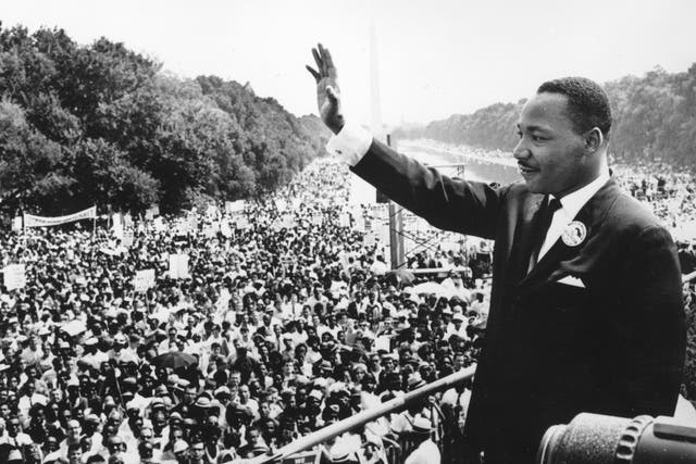 <p>Martin Luther King Jr during the March on Washington at the Lincoln Memorial, where he gave his ‘I have a dream’ speech</p>
