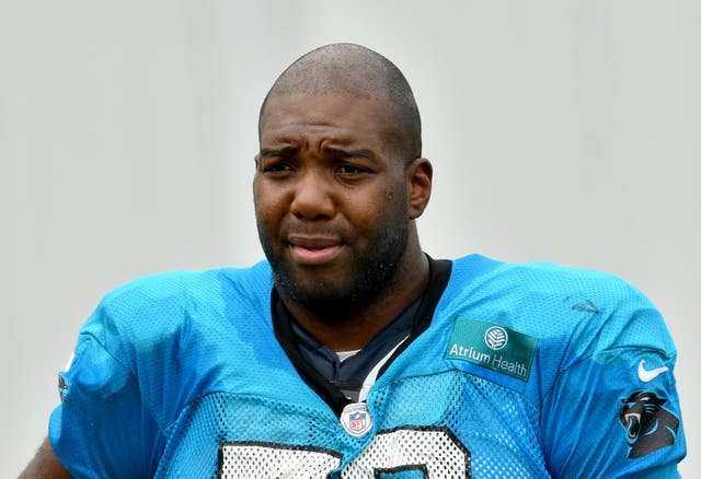 <p>Russell Okung #76 of the Carolina Panthers waits between drills during a training camp session at Bank of America Stadium on 24 August 2020 in Charlotte, North Carolina</p>