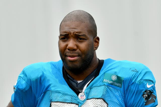 <p>Russell Okung #76 of the Carolina Panthers waits between drills during a training camp session at Bank of America Stadium on 24 August 2020 in Charlotte, North Carolina</p>