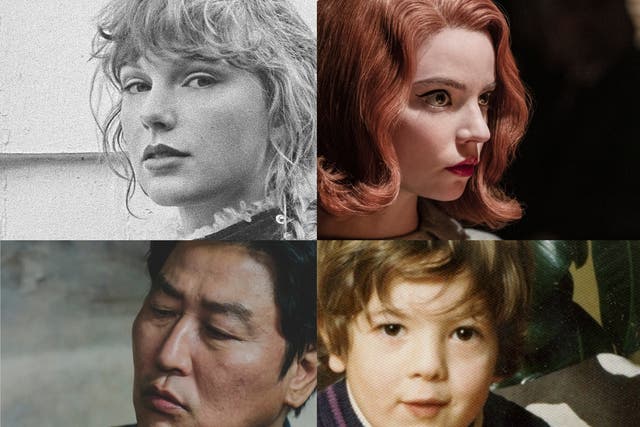 Clockwise: Anya Taylor-Joy in The Queen’s Gambit, Pete Paphides’ Broken Greek, Kang-Ho Song in Parasite, and Taylor Swift