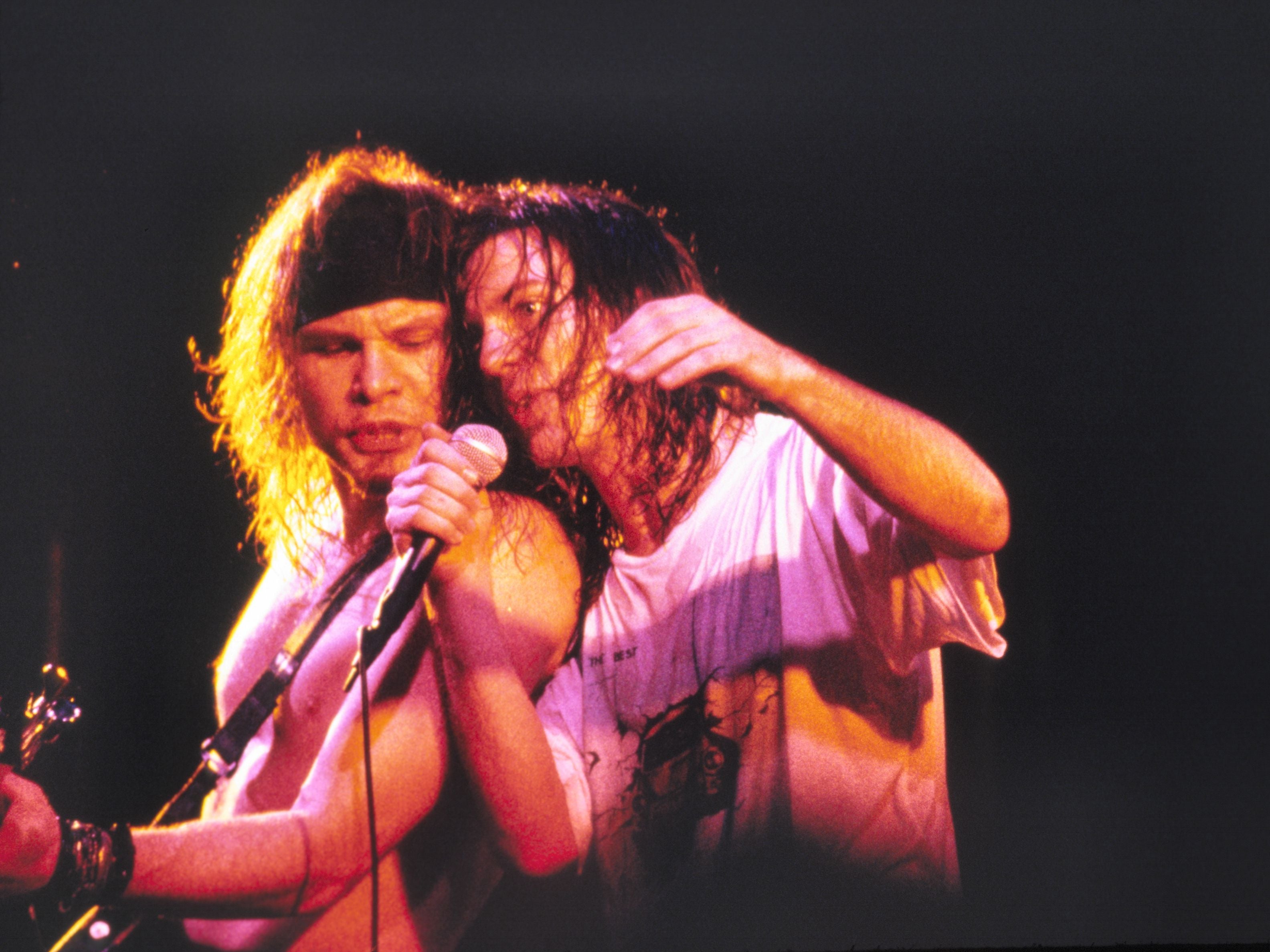 Pearl Jam’s Eddie Vedder (right) and bassist Jeff Ament at London’s Brixton Academy, July 1993