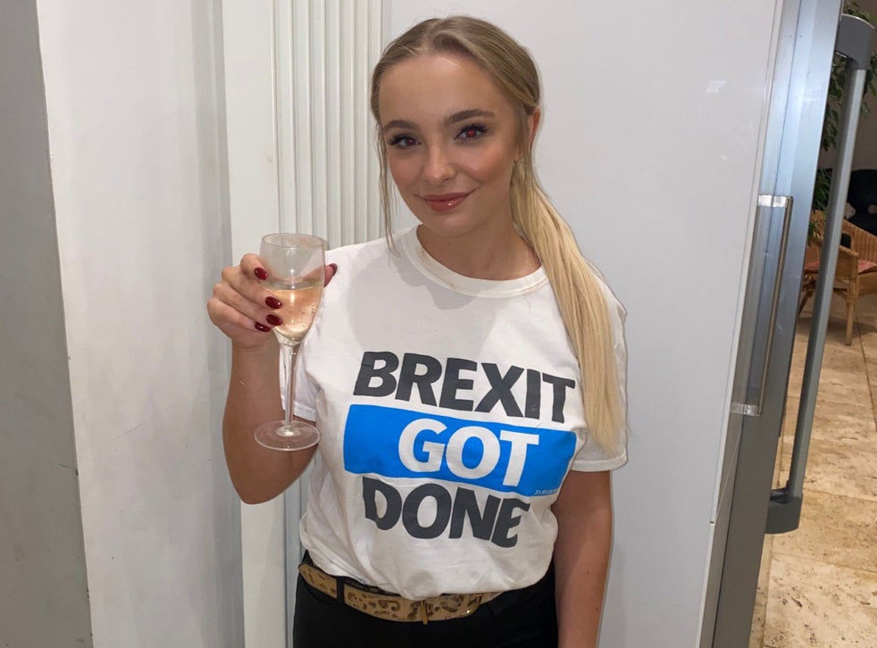 <p>Brexit supporter Emily Hewertson celebrates trade deal ahead of the UK’s exit from EU single market</p>