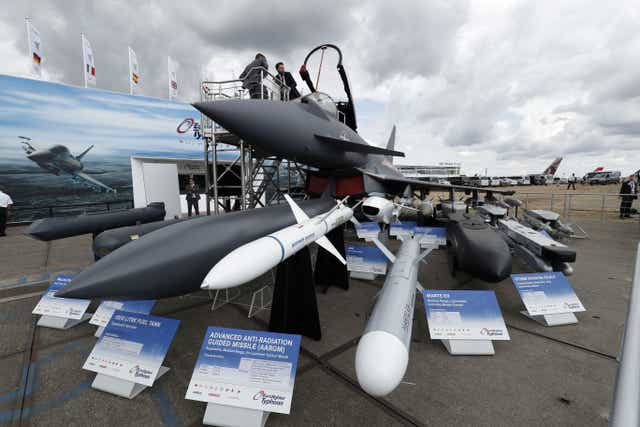 <p>BAE Systems exhibits a Eurofighter Typhoon aircraft at the 2018 Farnborough Airshow, southwest of London</p>
