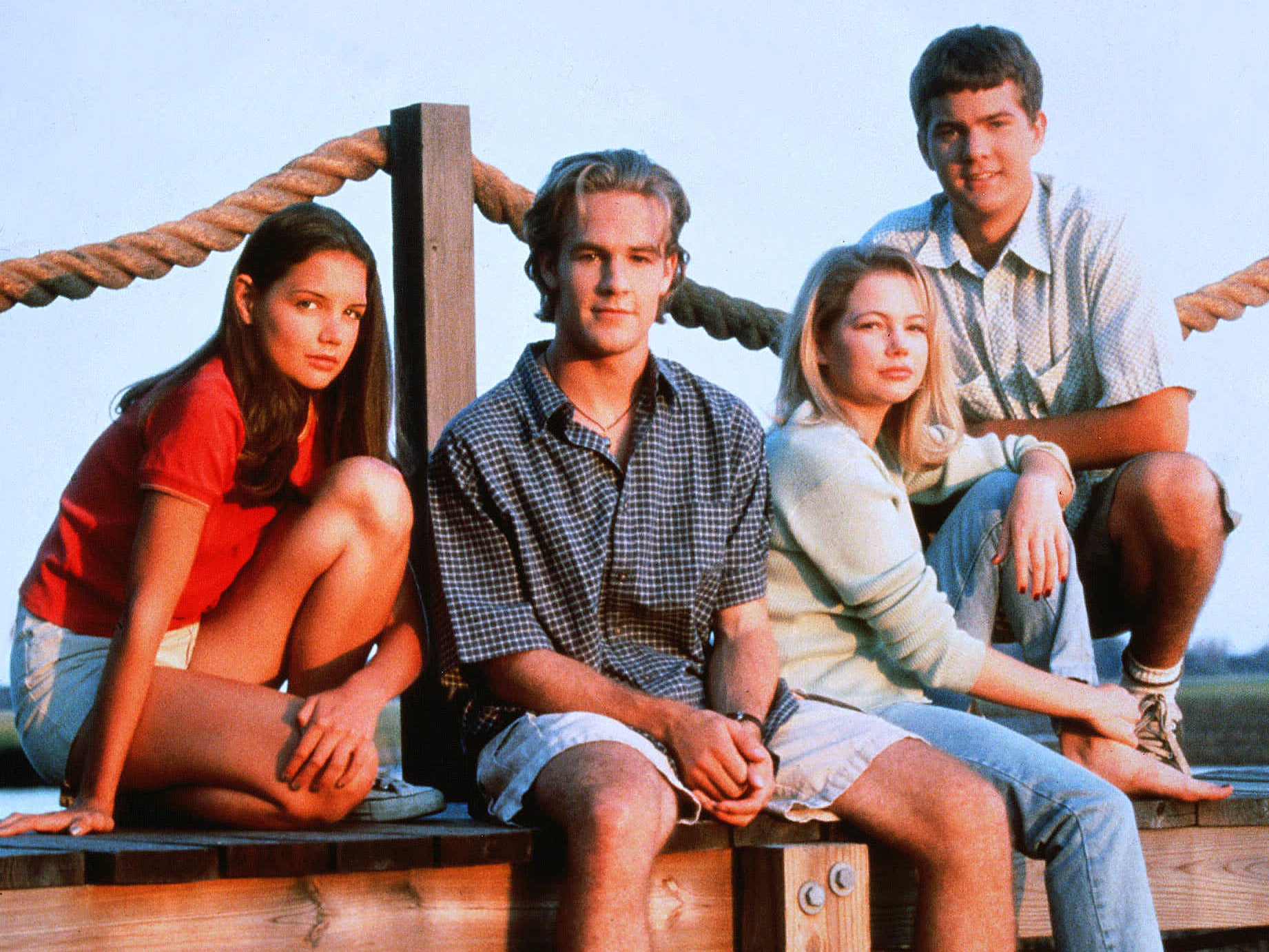 The original cast of Dawson’s Creek [from left]: Katie Holmes, James Van Der Beek, Michelle Williams, and Joshua Jackson (1998)