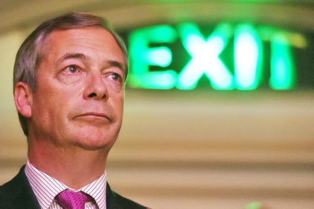 <p>Nigel Farage at a Leave Means Leave rally at Central Hall in London in 2019</p>