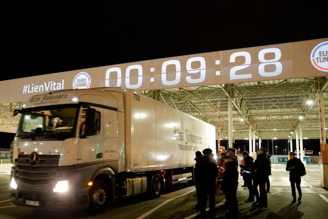 The first lorry enters the Eurotunnel terminal post Brexit in Coquelles, northern France 