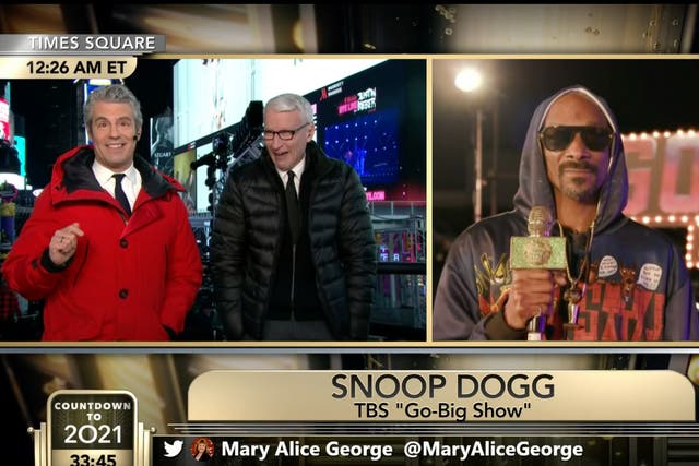 Andy Cohen, Anderson Cooper, and Snoop Dogg during CNN’s New Year’s Eve broadcast