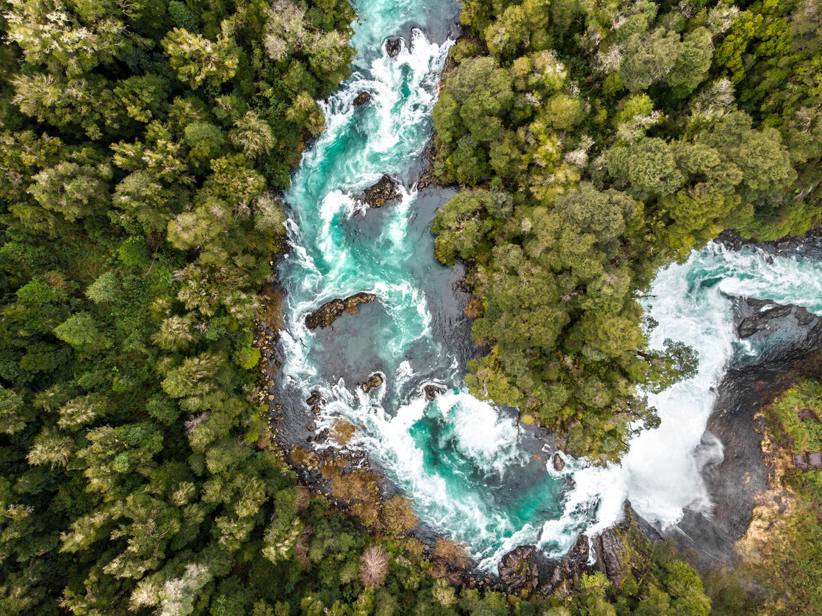 An aerial view of Huilo Huilo river near to Saltos del Petrohue in southern Chile
