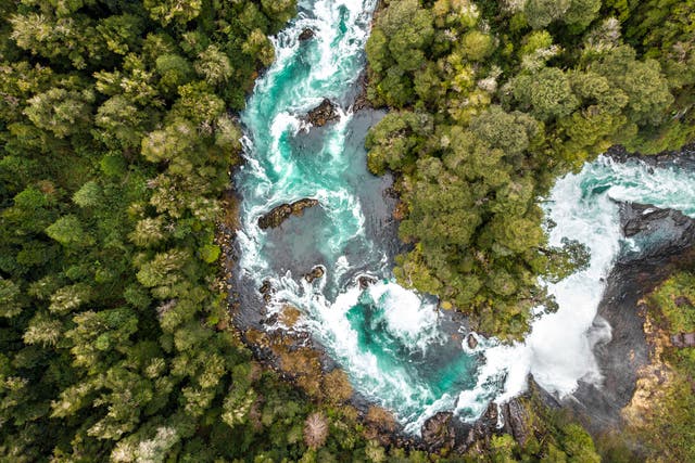 <p>An aerial view of Huilo Huilo river near to Saltos del Petrohue in southern Chile</p>