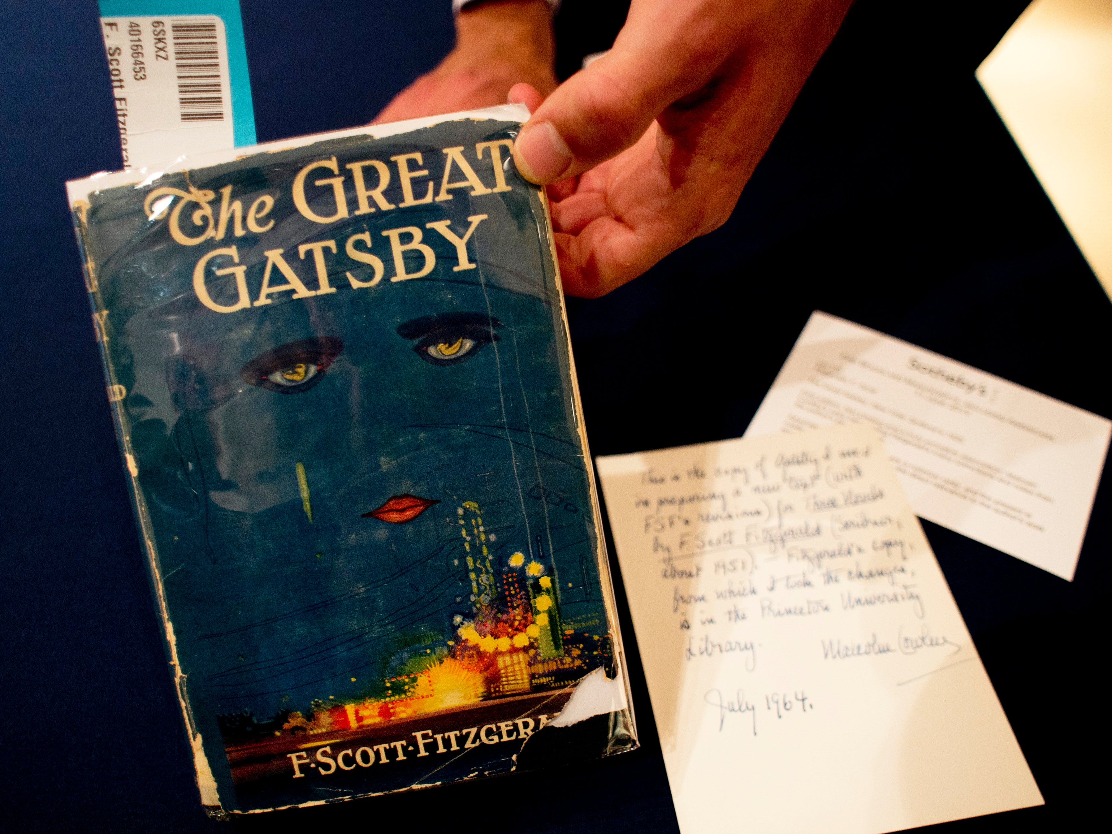 A copy of ‘The Great Gatsby’ is displayed on 6 June 2013 at Sotheby’s in New York. The first edition sold for $112,500
