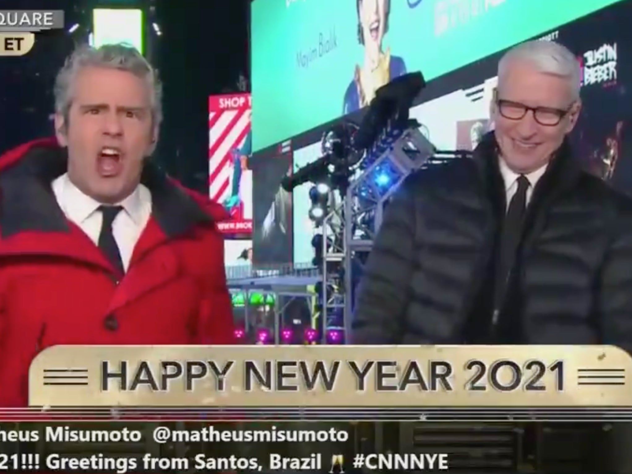 Andy Cohen and Anderson Cooper during their New Year’s Eve broadcast on CNN