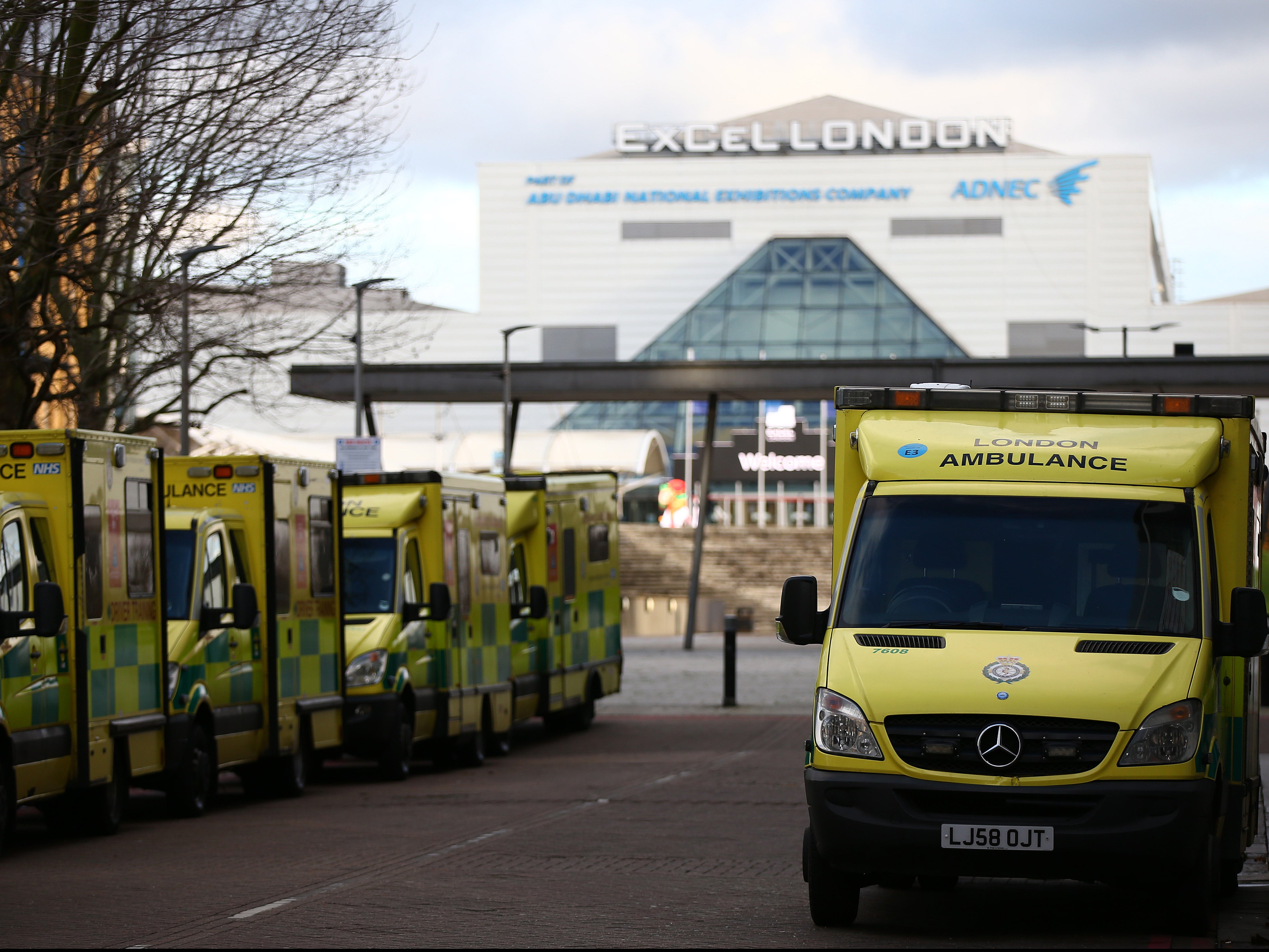 Ambulances parked near the NHS Nightingale hospital at ExCel London