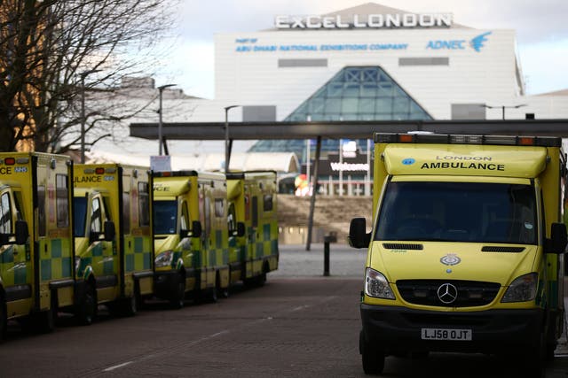 <p>Ambulances parked near the NHS Nightingale hospital at ExCel London</p>