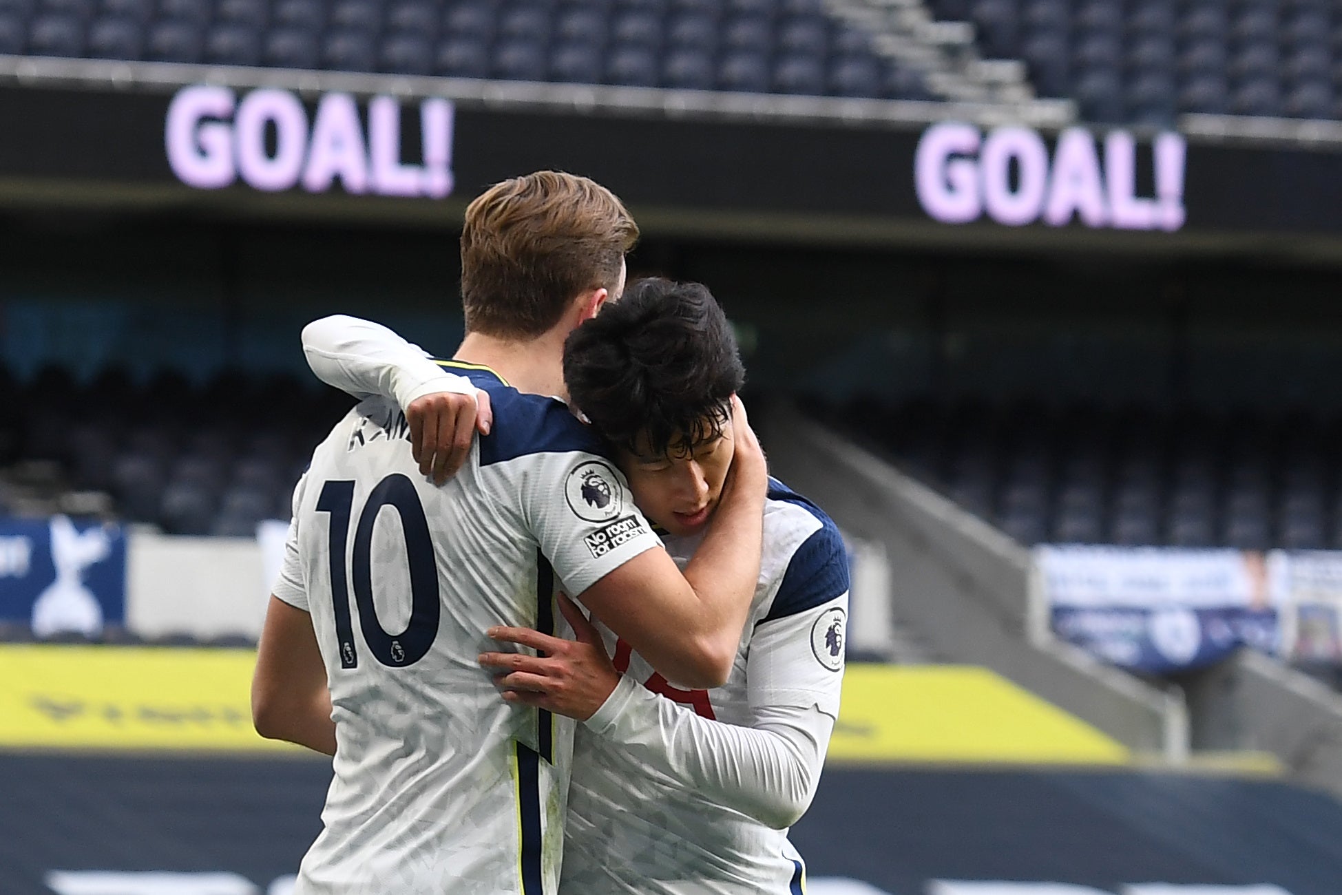 Harry Kane and Son Heung-min celebrate Tottenham’s opener