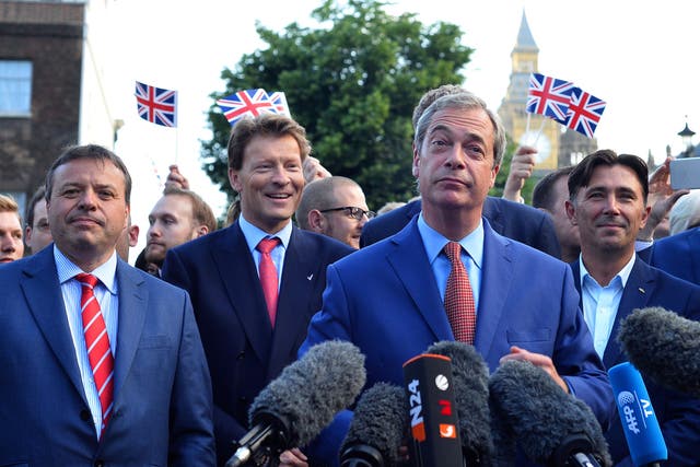 <p>Leave.eu founders Arron Banks and Richard Tice and aide Andy Wigmore with Nigel Farage</p>